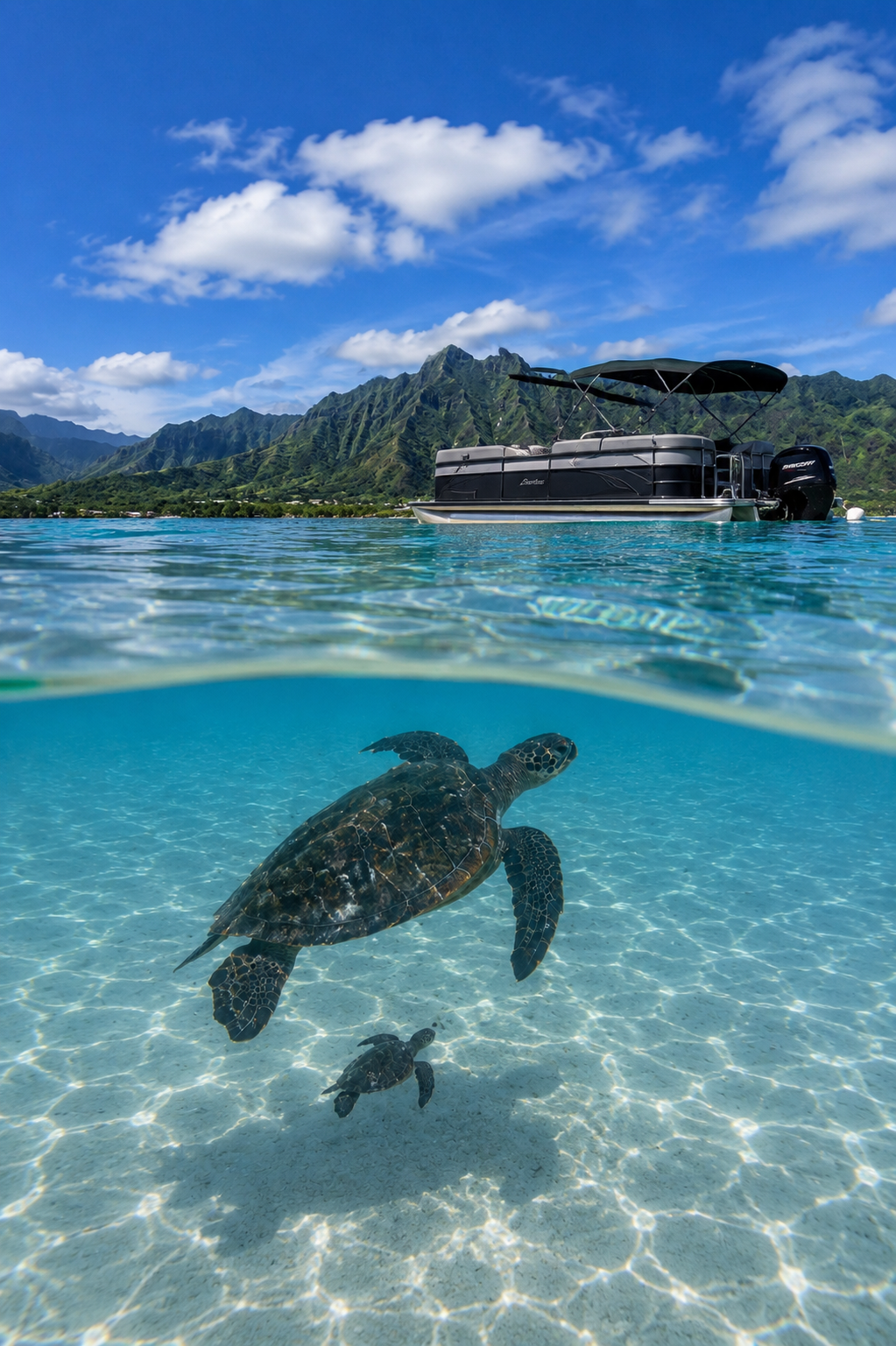 Sea turtle swimming near the pontoon